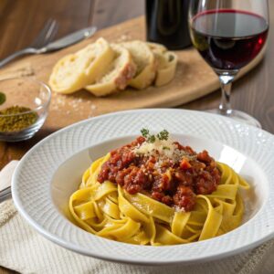 Tagliatelle with rich Bolognese sauce served with red wine