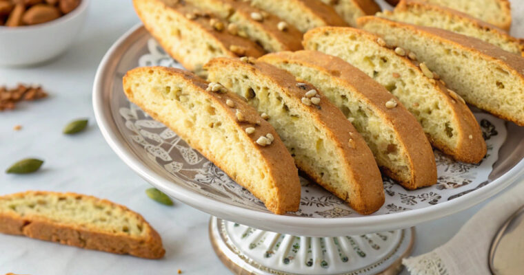 Crunchy Italian biscotti with fennel seeds served on a wooden board alongside a cup of coffee