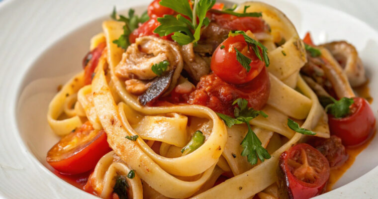 A delicious plate of Tagliatelle con Seppie alla Napoletana with fresh cuttlefish, tomatoes, and a flavorful garlic sauce, garnished with parsley.