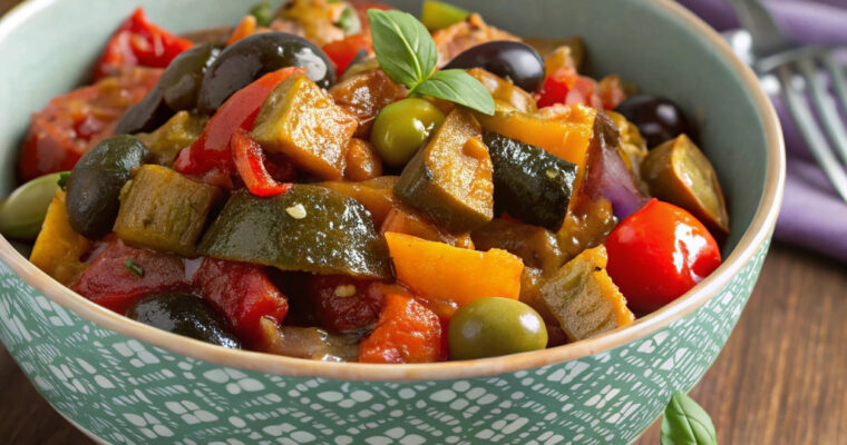 A vibrant bowl of Sicilian Caponata with eggplant, olives, capers, and fresh herbs, served as a Mediterranean side dish or appetizer.
