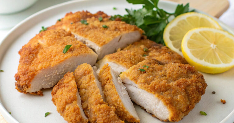 Golden and crispy Chicken Milanese cutlets served with fresh arugula salad, lemon wedges, and a drizzle of olive oil on a rustic plate.