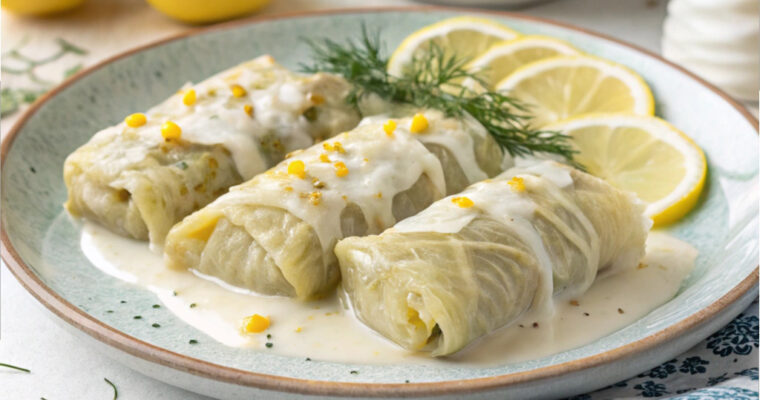 Traditional Greek Sarmades (stuffed cabbage rolls) topped with creamy Avgolemono Sauce, garnished with fresh dill and lemon slices, served on a rustic wooden plate.