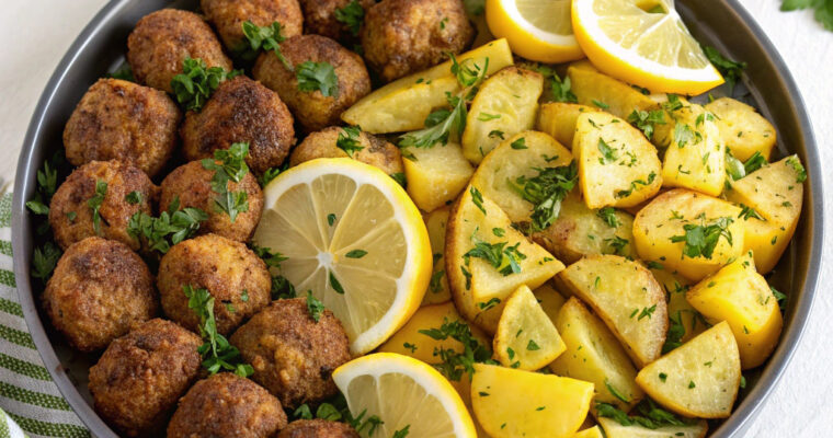 Baked Keftedes with Lemon Potatoes