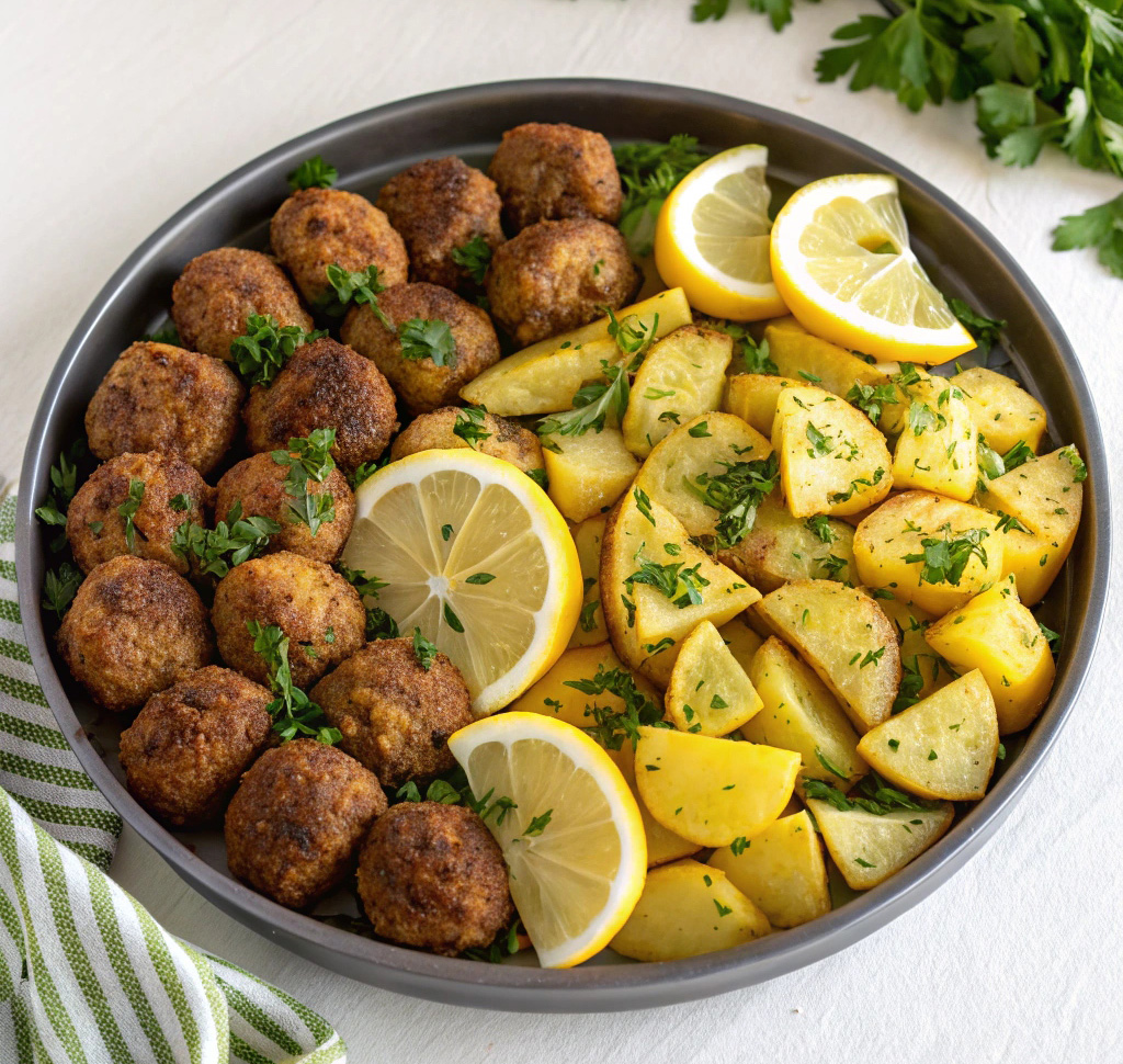 Baked Keftedes with Lemon Potatoes