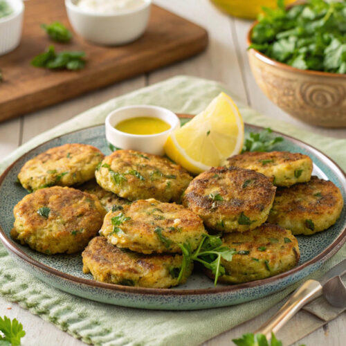 A plate of golden-brown Greek zucchini fritters garnished with herbs
