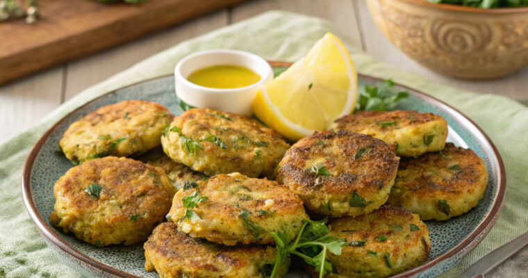 A plate of golden-brown Greek zucchini fritters garnished with herbs