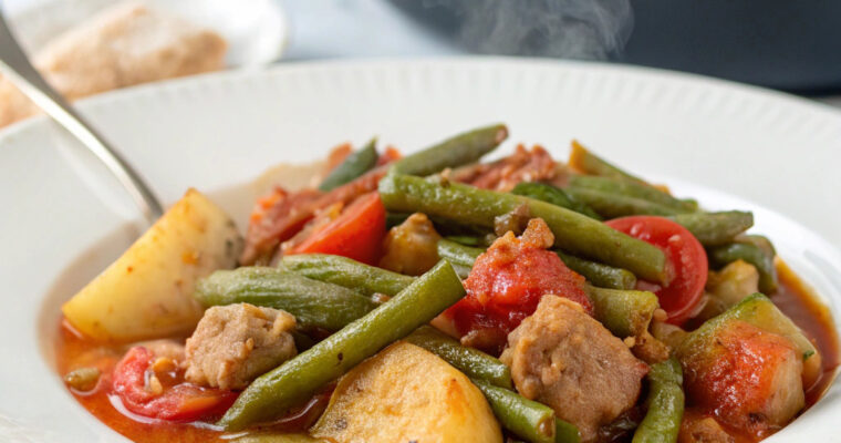 A bowl of traditional Greek Fasolakia Lathera with green beans in rich tomato sauce, garnished with fresh herbs