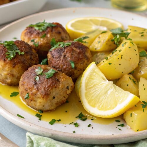 Oven-Baked Keftedes with Lemon Potatoes – Traditional Greek Meatballs with a Healthy Twist.