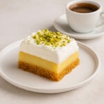 A slice of Greek Ekmek Kataifi on a white plate topped with whipped cream and pistachios, served with a cup of Greek coffee.