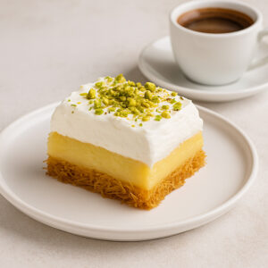 A slice of Greek Ekmek Kataifi on a white plate topped with whipped cream and pistachios, served with a cup of Greek coffee.