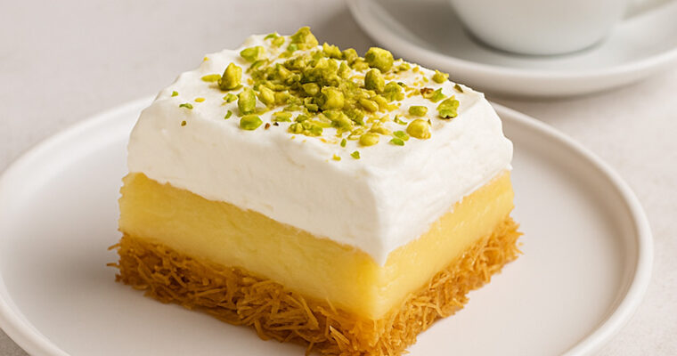 A slice of Greek Ekmek Kataifi on a white plate topped with whipped cream and pistachios, served with a cup of Greek coffee.