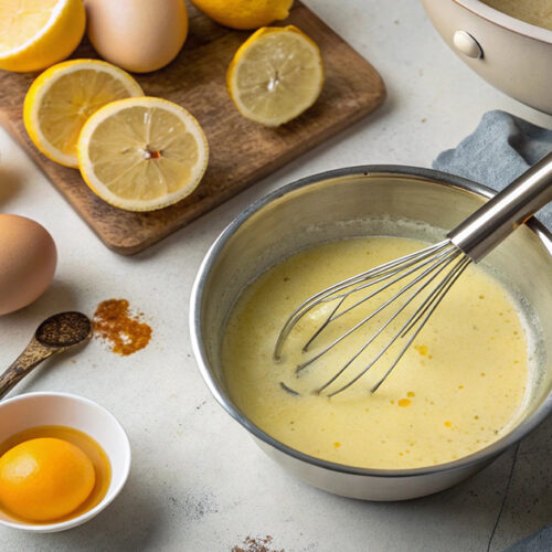 owl of creamy Greek egg-lemon sauce (Avgolemono)