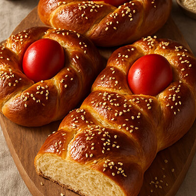 Bake traditional Greek Tsoureki for Easter with this easy recipe, featuring mahlepi, mastiha, and a glossy, golden finish.