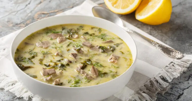 Traditional Greek magiritsa soup with avgolemono.