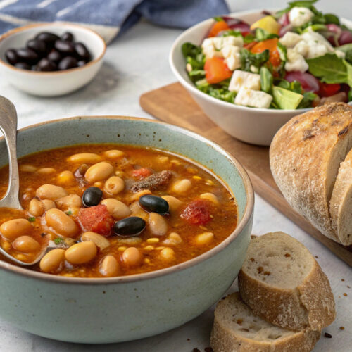 A bowl of Fasolada, Greek white bean soup with olive oil, carrots, and celery