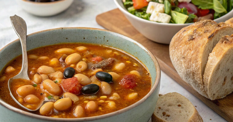 A bowl of Fasolada, Greek white bean soup with olive oil, carrots, and celery