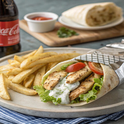 Chicken souvlaki sandwich with tzatziki, tomato, lettuce on pita bread, served with oven-baked fries and a 500ml Coca-Cola bottle.