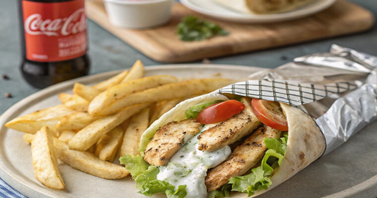 Chicken souvlaki sandwich with tzatziki, tomato, lettuce on pita bread, served with oven-baked fries and a 500ml Coca-Cola bottle.