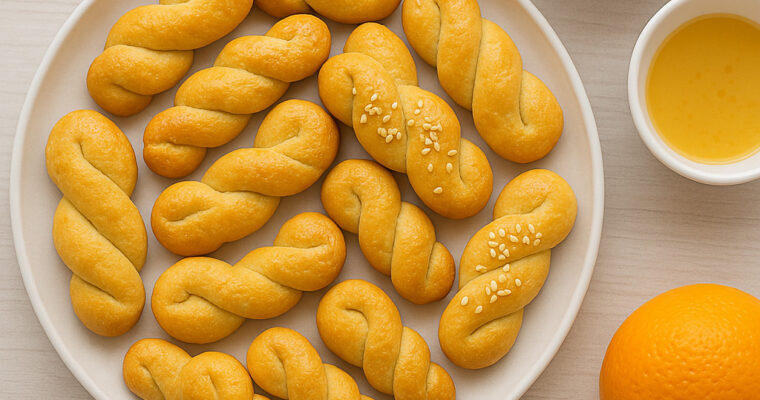 Golden twisted Greek koulourakia cookies on a plate with orange zest