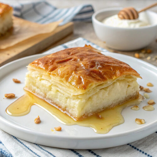 Freshly baked Galaktoboureko cut into squares, showing its golden phyllo layers and creamy interior.