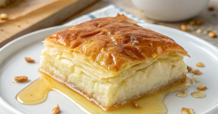 Freshly baked Galaktoboureko cut into squares, showing its golden phyllo layers and creamy interior.