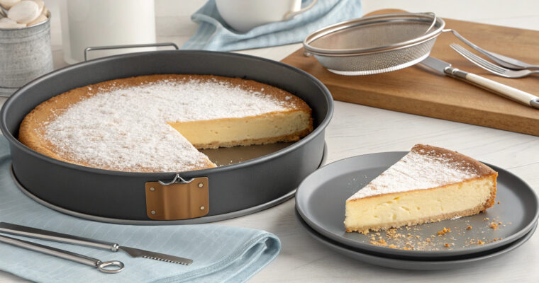 Traditional Italian Cheesecake with ricotta filling, digestive biscuit base, and citrus zest topping, served on a white plate.