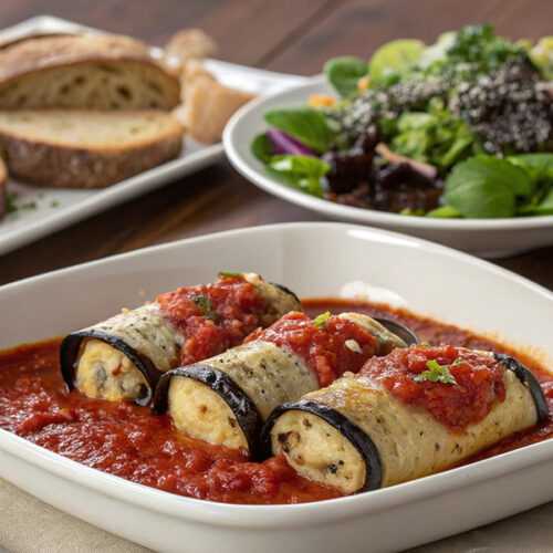 Baked Italian eggplant rollatini filled with ricotta, topped with tomato sauce and cheese