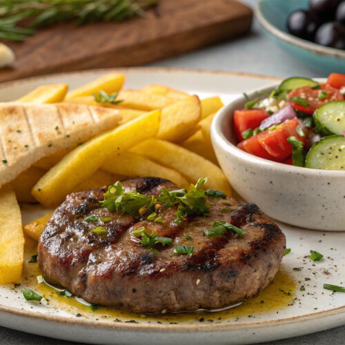 Greek biftekia taverna-style grilled meat patties served with lemon and herbs