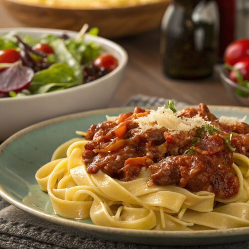 A plate of tagliatelle pasta topped with homemade ragù alla Bolognese sauce