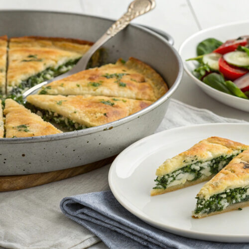 Traditional Vlachiki Spanakotyropita, a Greek spinach and cheese pie with homemade phyllo, baked to golden perfection in a rustic pan.