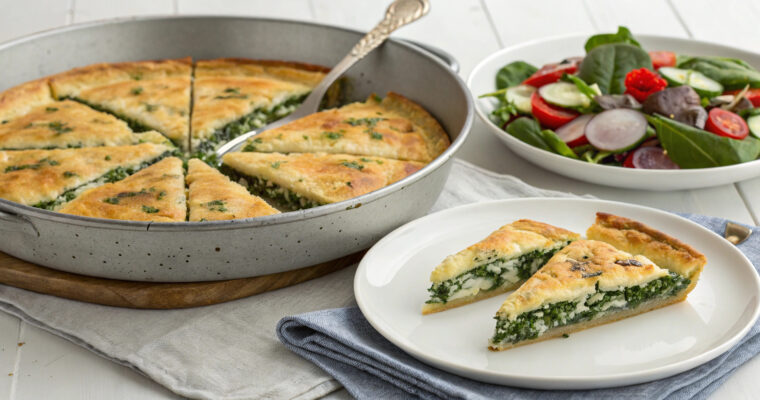 Traditional Vlachiki Spanakotyropita, a Greek spinach and cheese pie with homemade phyllo, baked to golden perfection in a rustic pan.