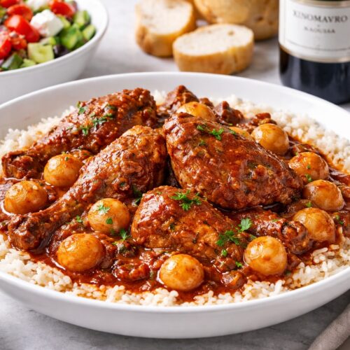 Traditional Greek rooster stifado with pearl onions, tomato and red wine sauce served with Greek salad and a glass of Greek red wine.