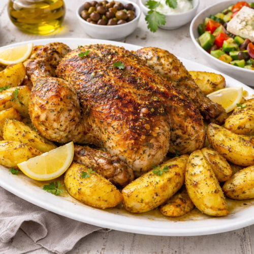 Greek whole roasted chicken with lemon potatoes served on a platter