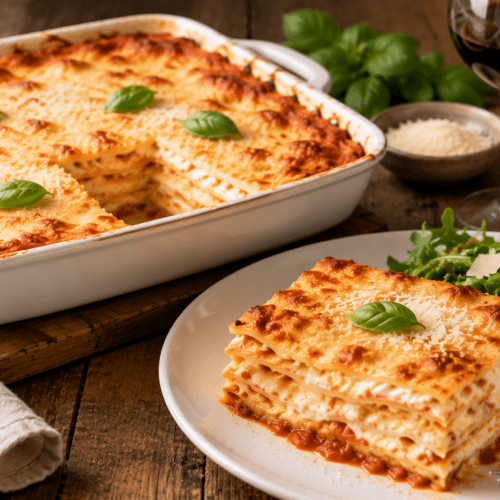 Southern Italian all-cheese lasagna with béchamel served in a baking dish alongside a plated slice with fresh green salad and a glass of red wine.